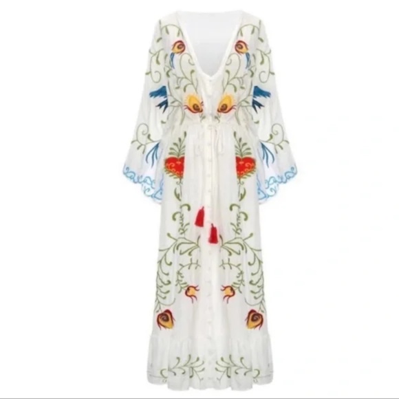 Boho Embroidered Hearts Floral Birds Long Maxi Kimono Dress - Picture 14 of 16